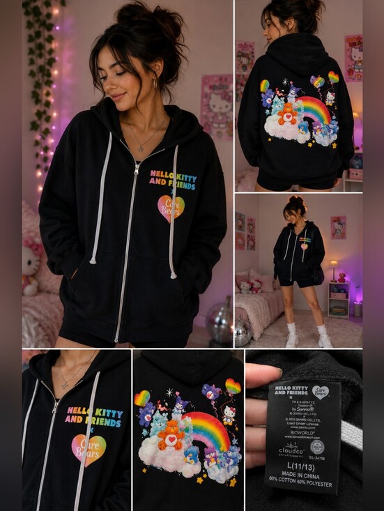 Hello Kitty Tops - Hello Kitty & Friends Black Zip Hoodie with Rainbow Care Bears Print